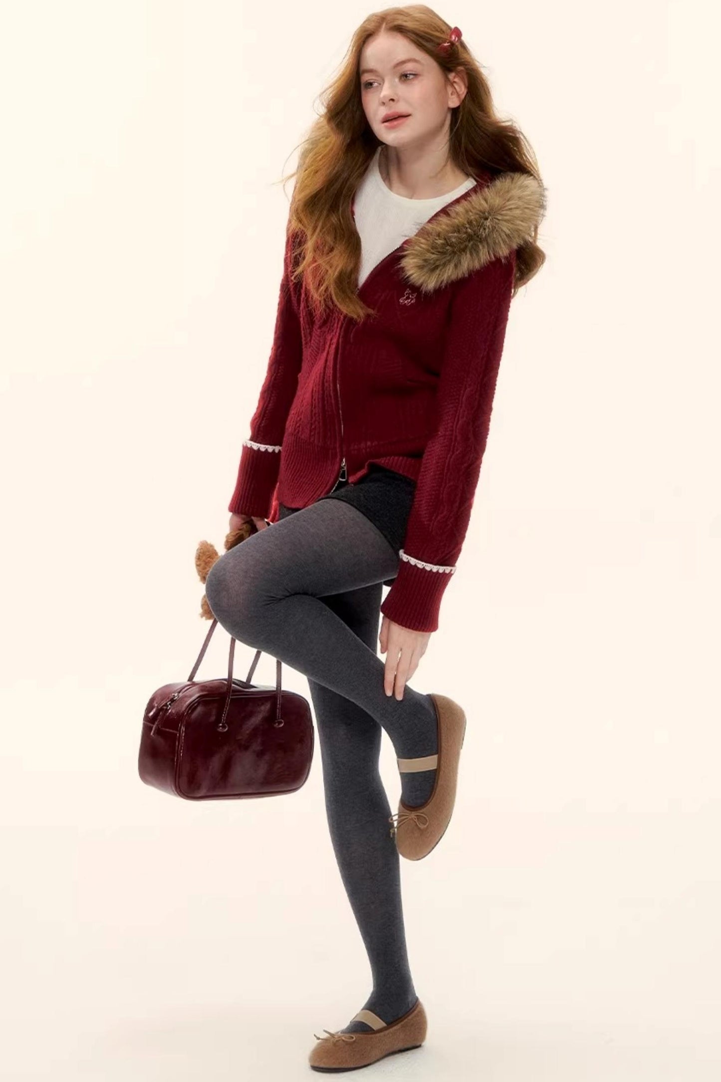 Red Hooded Knit Jacket Set-Up