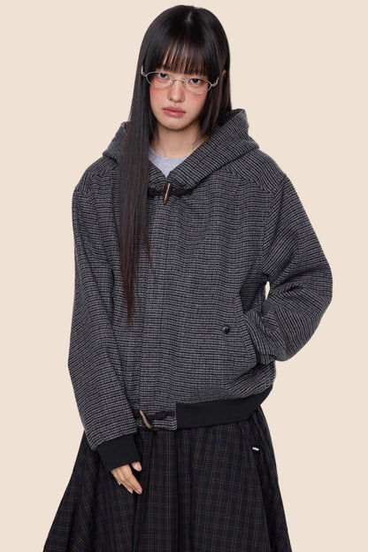 Autumn Vintage Plaid Knit Hooded Jacket