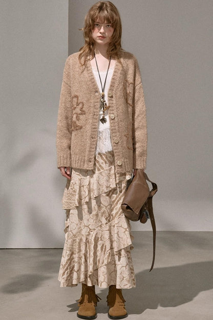 Original Slanted Ruffle Leaf Wave Midi Cake Skirt