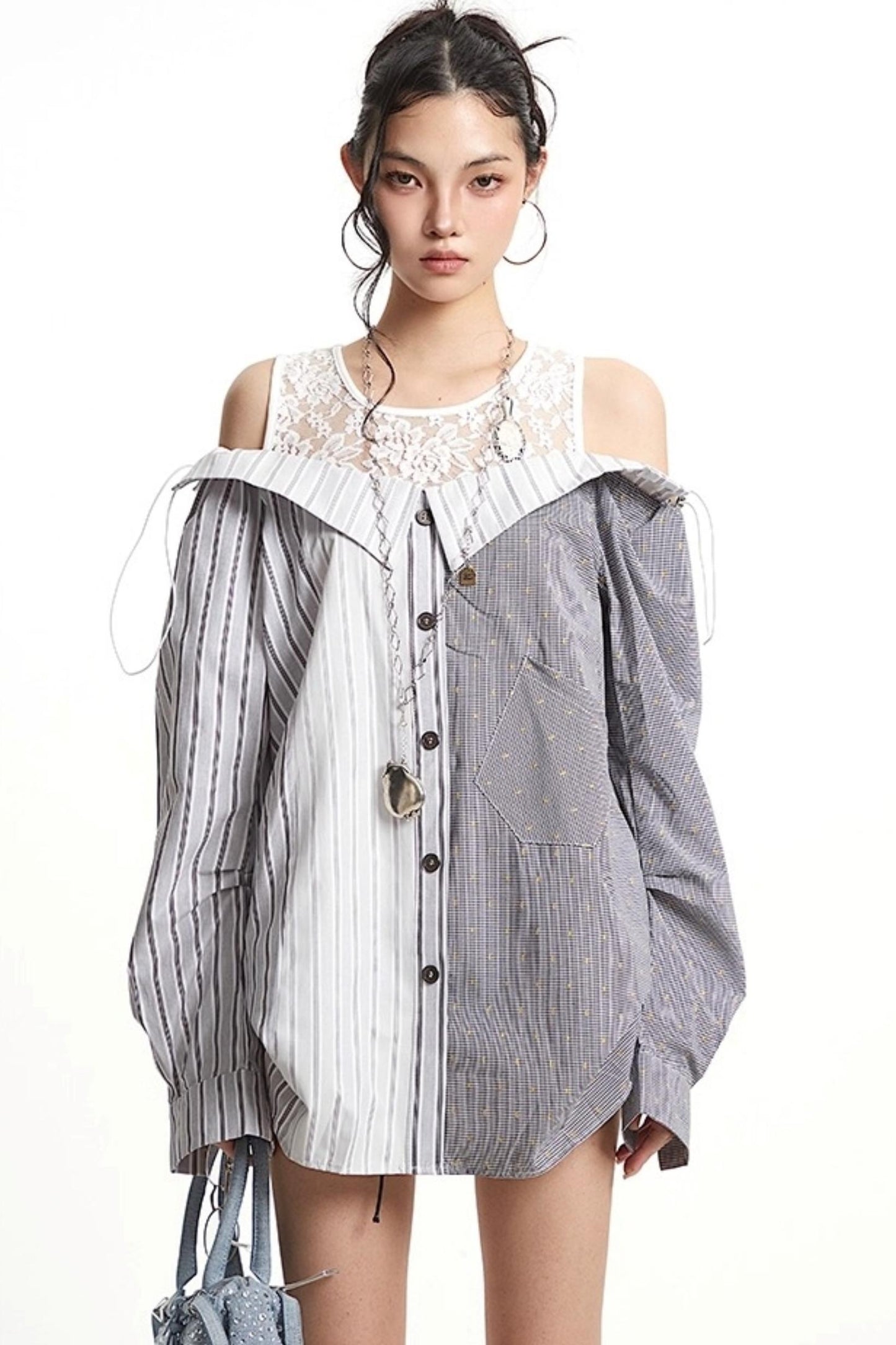 Patchwork Lace Striped Shirt