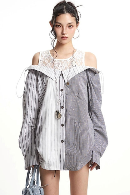 Patchwork Lace Striped Shirt