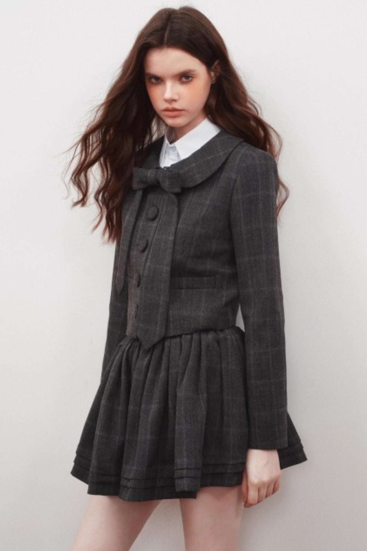 Plaid Doll Collar Blazer Skirt Set-Up