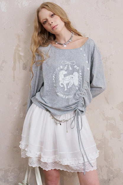 Slanted Monochrome Flower Ruffle T-Shirt