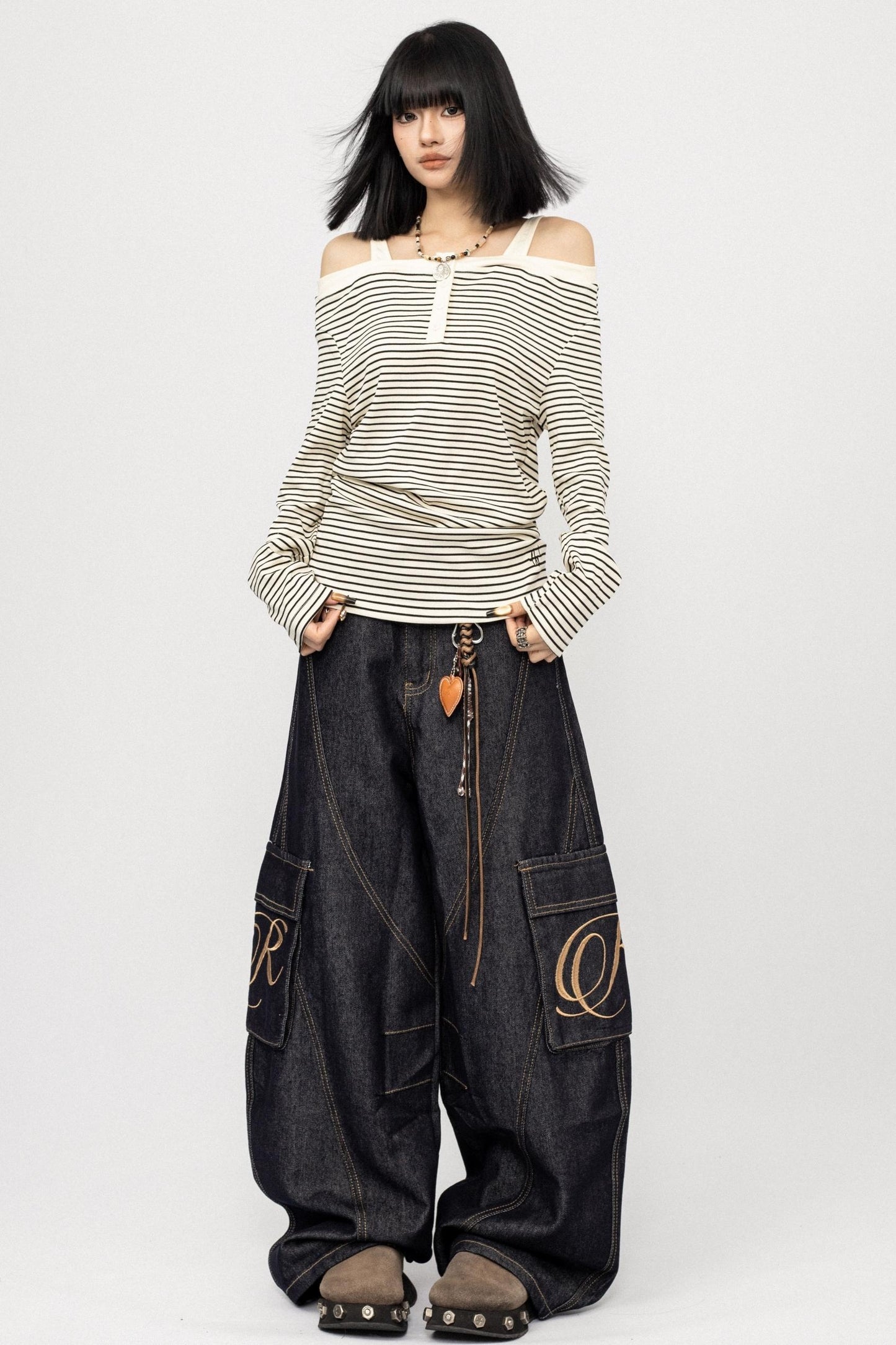 Striped Long Sleeve One Shoulder T-Shirt