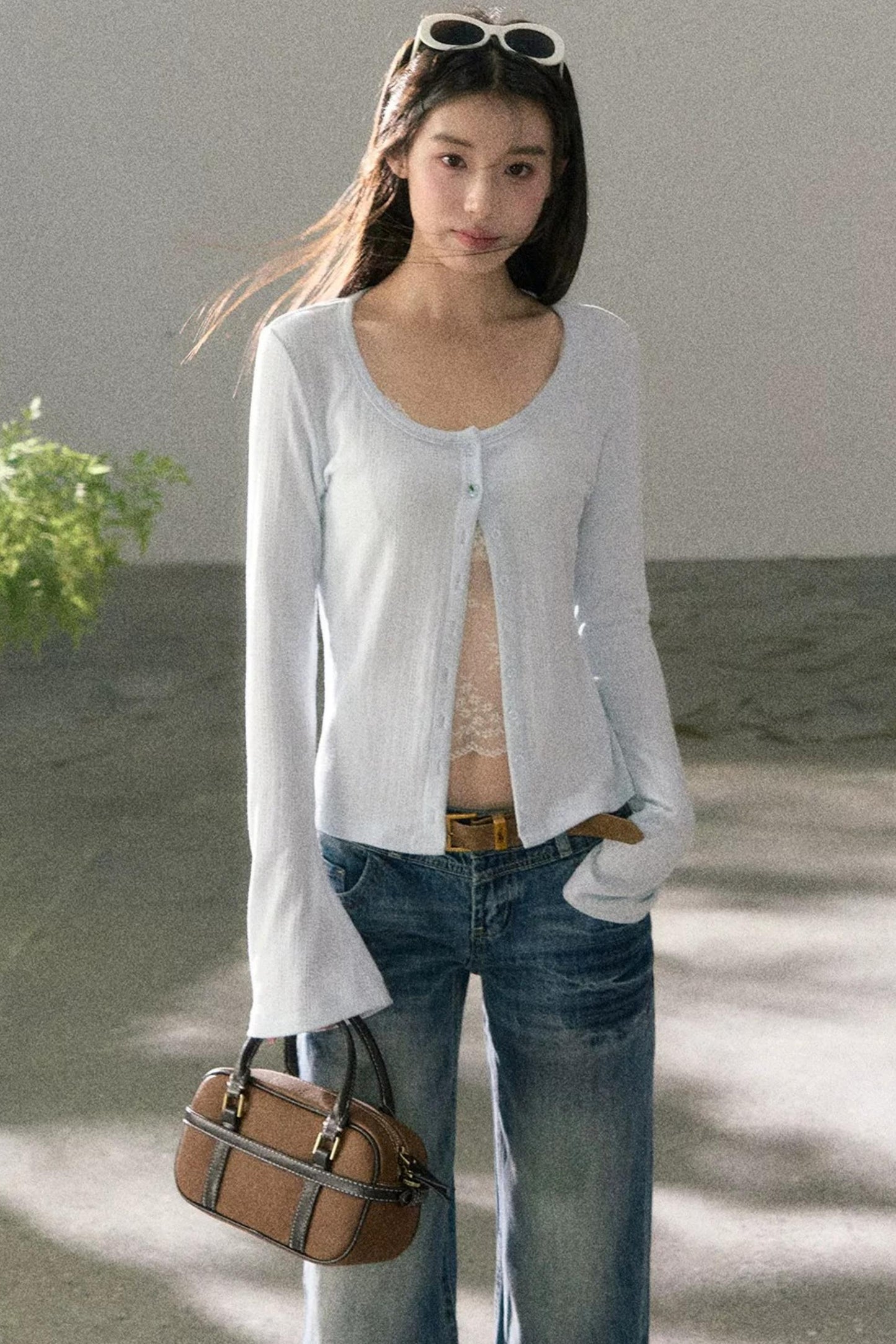 Lace-Detail Micro-Flare Knit Top