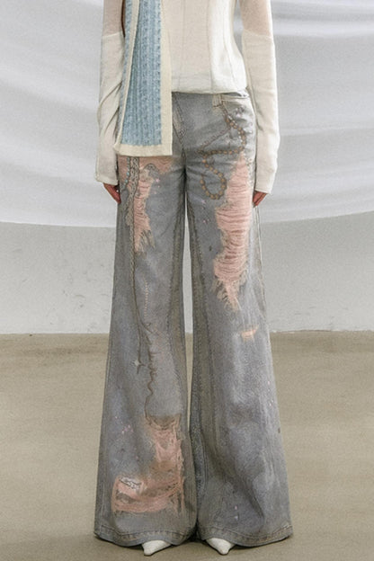 Ripped Faux-Denim Flared Pants