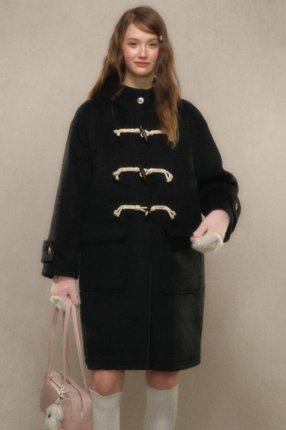 Elegant Black Horn-Button Tweed Coat