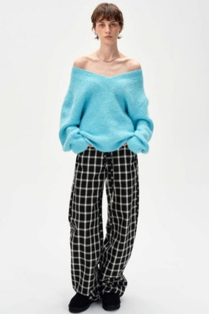 Lyocell Check Drawstring Cotton Trousers