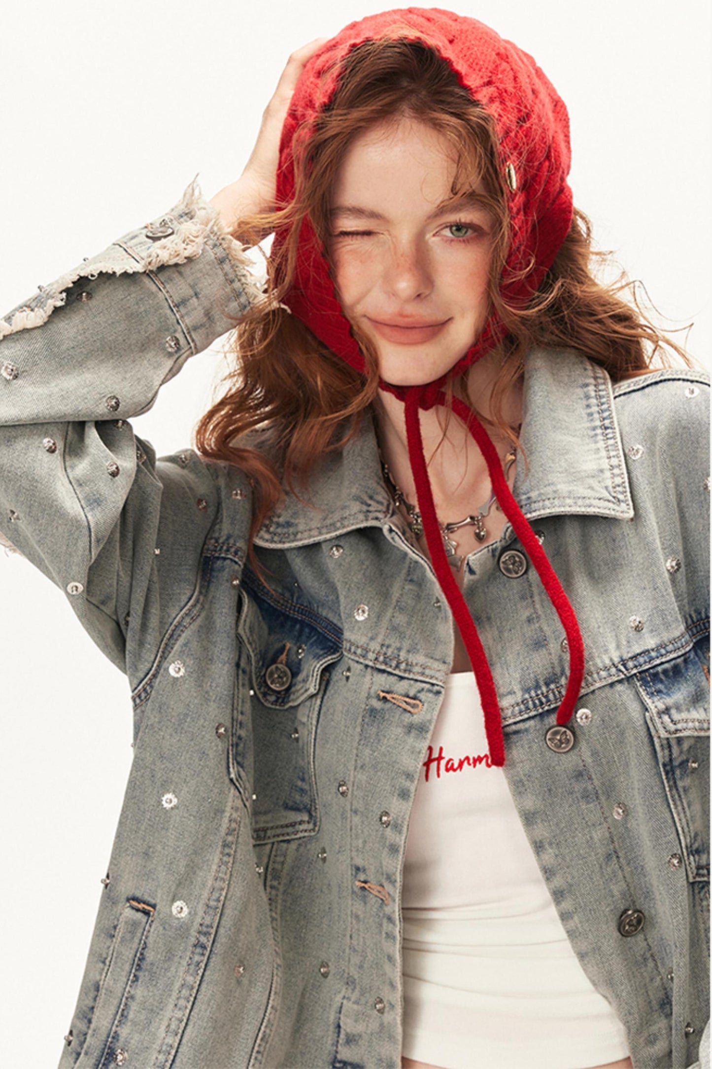 Denim Studded Jacket With Short Skirt Set-Up