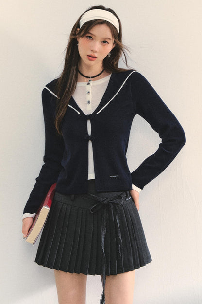 Sweet Navy Neck Knit Cardigan