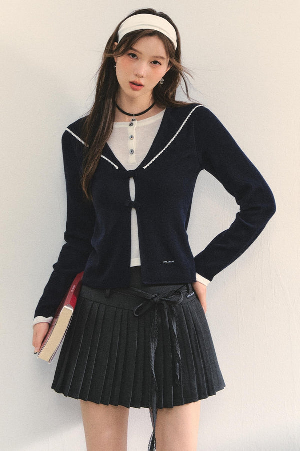 Sweet Navy Neck Knit Cardigan