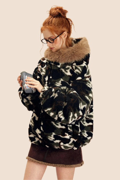 EZEK AMERICAN RETRO PELZKRAGEN KAPUZENMANTEL CAMOUFLAGE LAMMWOLLE MANTEL DAMEN FLEECE VERDICKT HERBST UND WINTER NEUE BAUMWOLLE KLEIDUNG FLUT