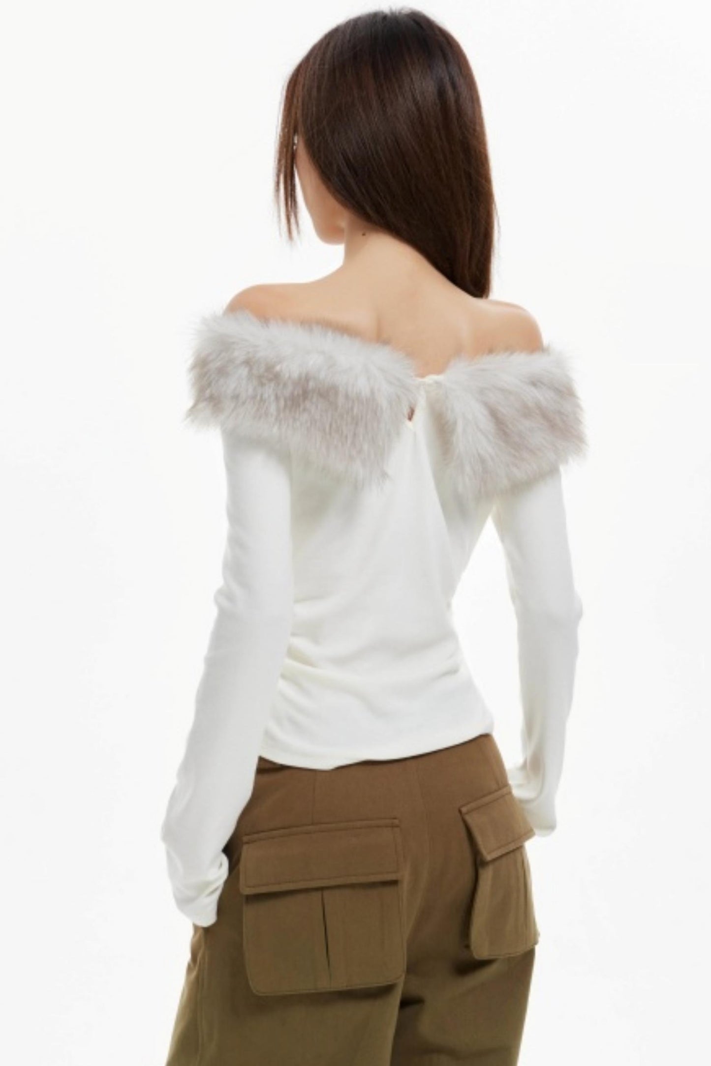 Off-Shoulder Fur Collar Slimming Sleeve Top