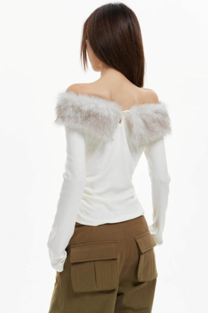 Off-Shoulder Fur Collar Slimming Sleeve Top
