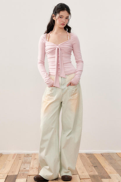 Vintage Washed Distressed Wide-Leg Jeans