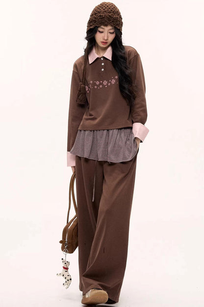 Peach Coffee Color Block Sweatshirt Set-Up