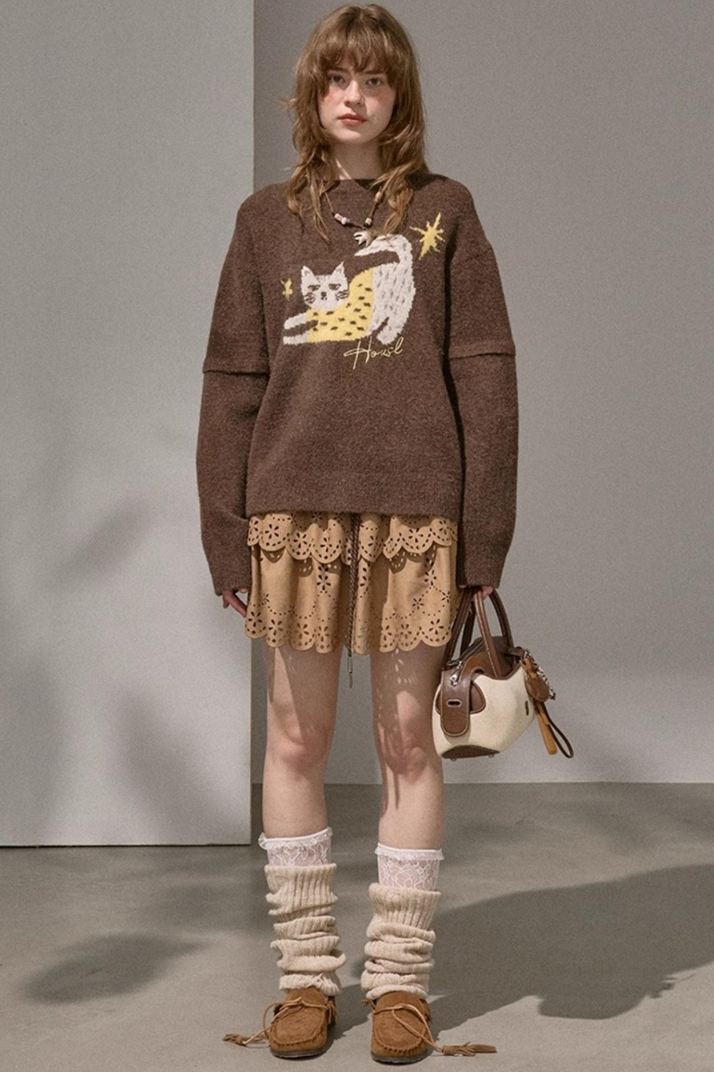 Cute Kitten Crew Neck Knit Sweater