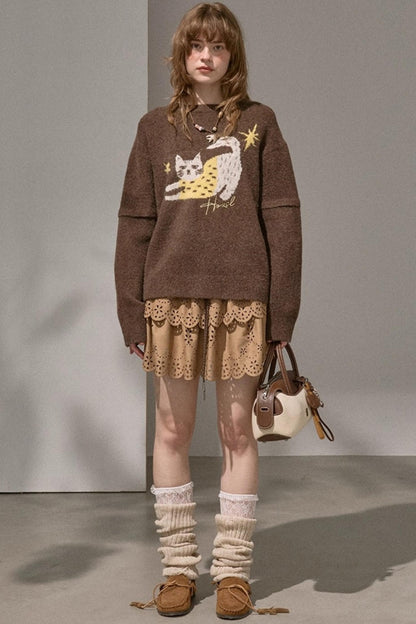 Cute Kitten Crew Neck Knit Sweater