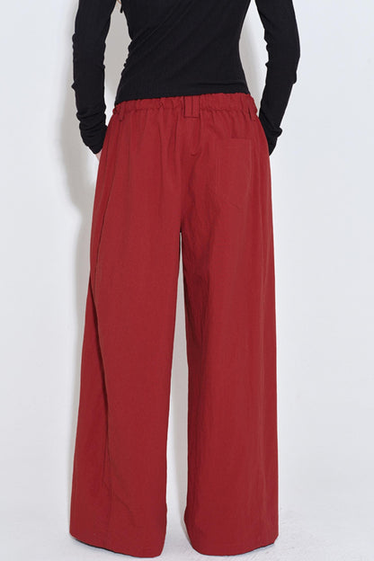 Retro Red Drawstring Bead Sporty Straight Pants