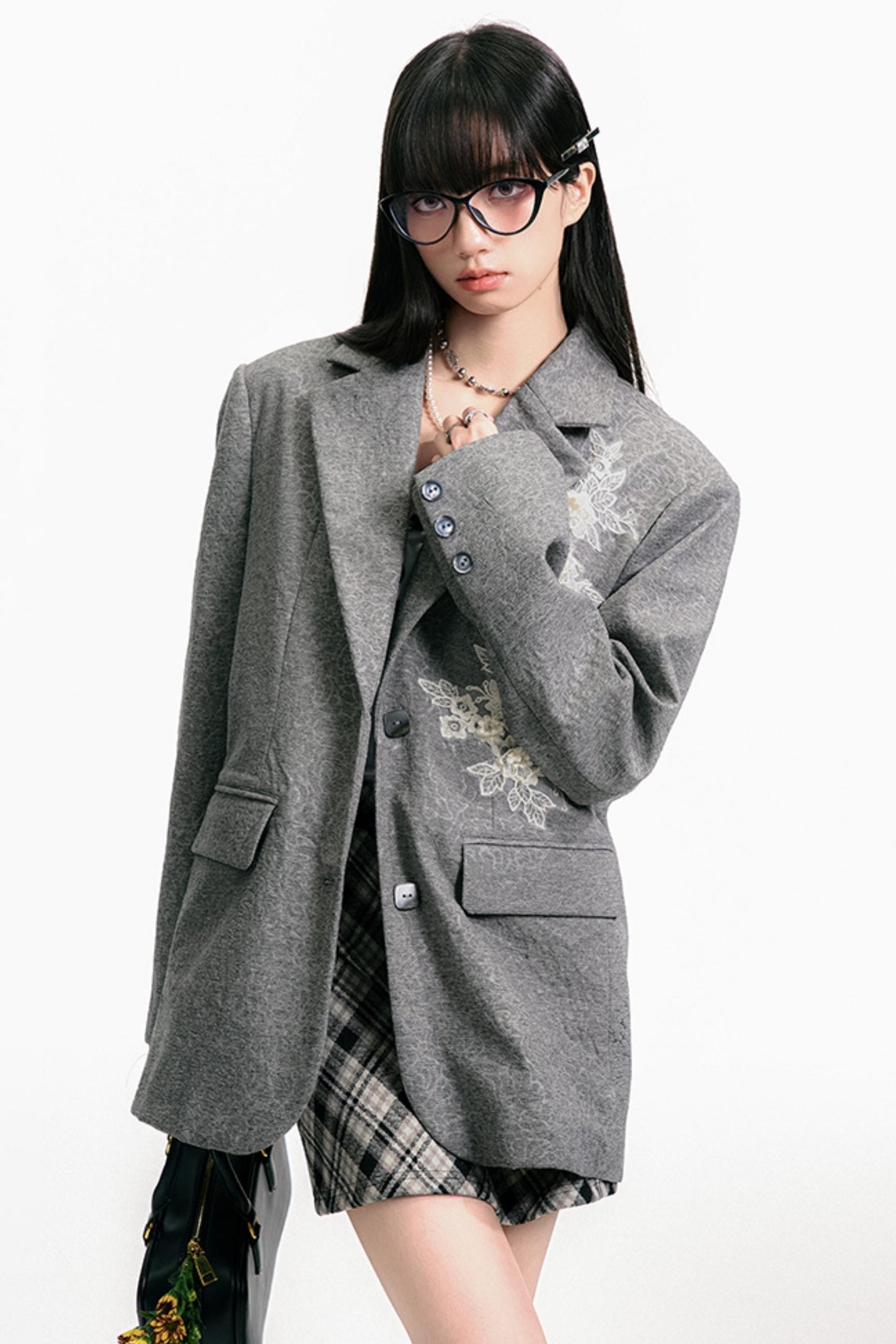 Gray Embossed Rose Blazer
