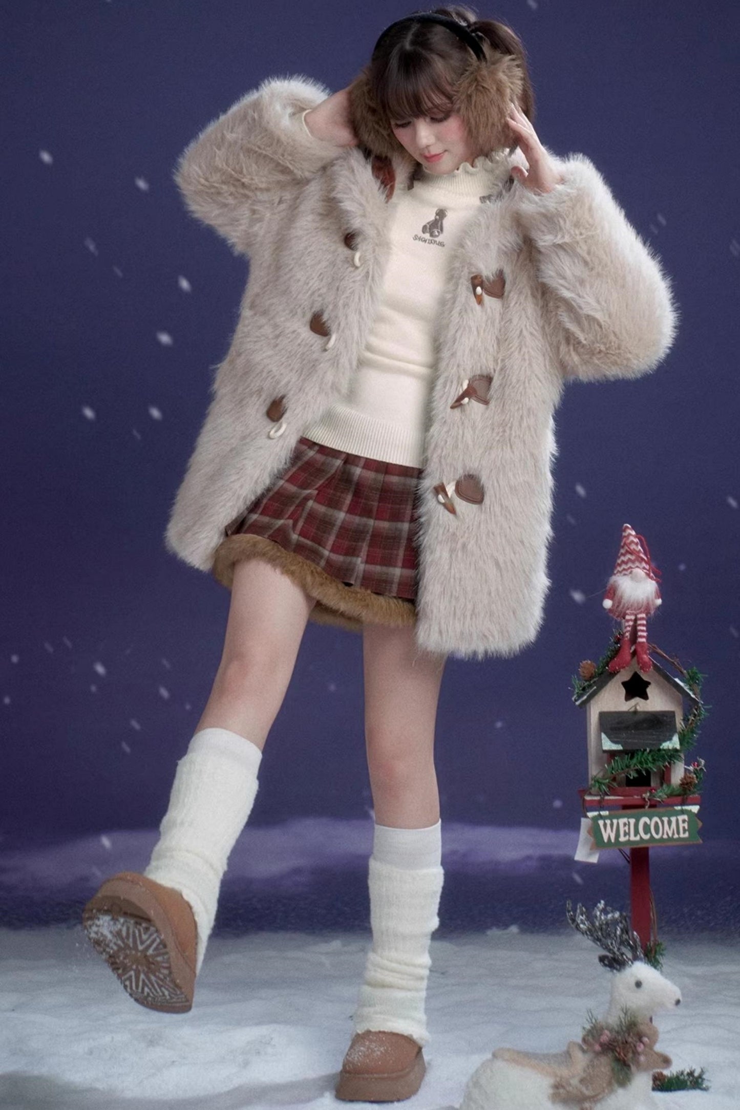 Red-Brown Plaid Skirt Coat Set-Up