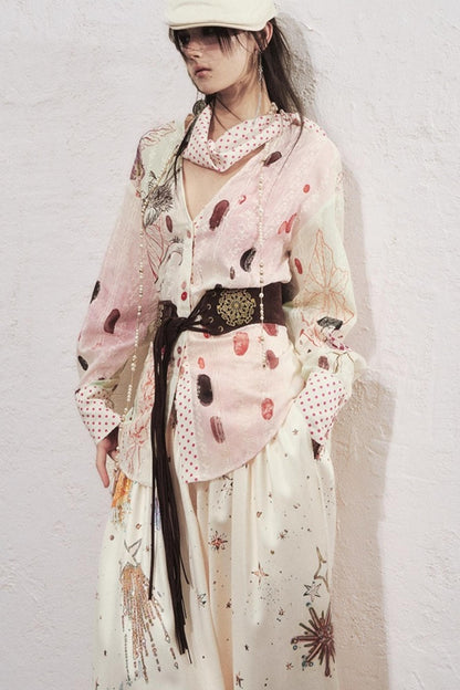 Watercolor Cat Polka Dot Lace-Up Shirt