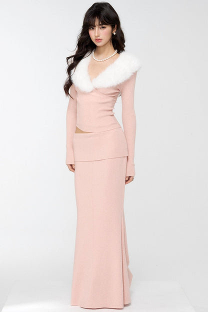 Velvet Peach Knit Sweater Set-Up