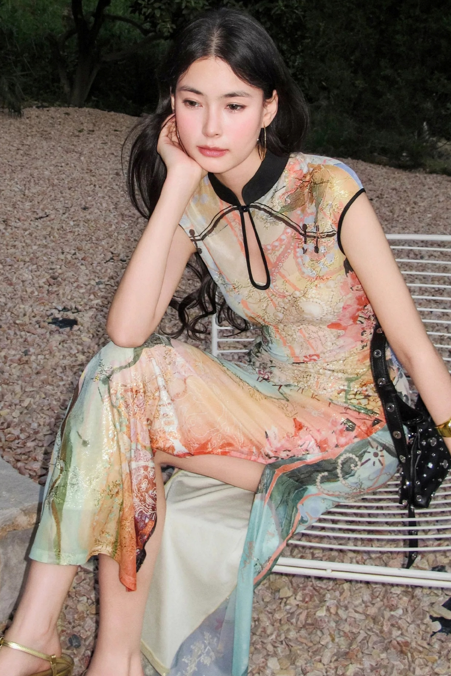 Shoulder-Sleeve Quicksand Print Stretch Cheongsam Dress