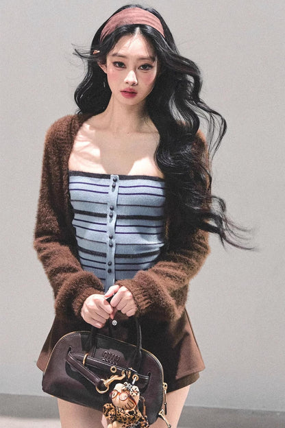 Blue Knitted Striped Top Set-Up