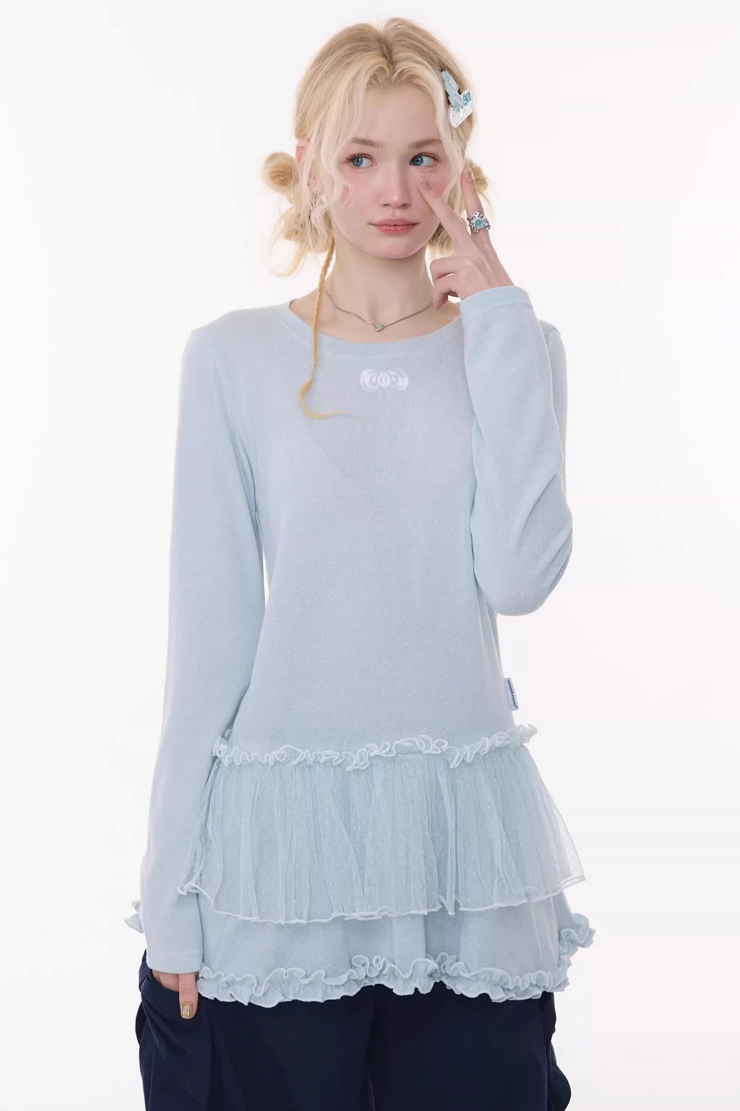 Lace Pleated Polka Dot Top