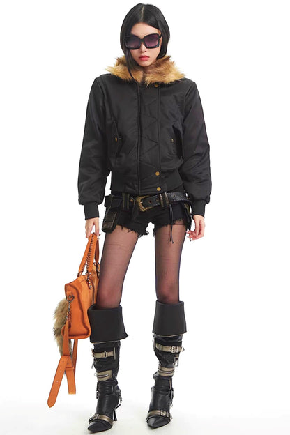 Korean Black Fur Collar Jacket