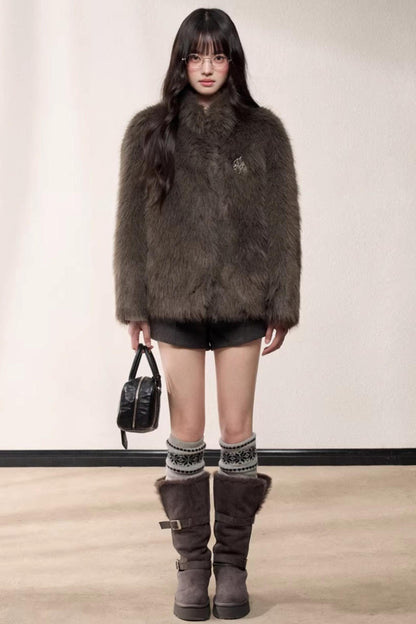 Eco-Friendly Fur Stand-Up Collar Coat