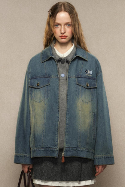 LOLOL ® 24FW American Vintage Wash Distressed Revers Diamond Checkered Gestickte Denim Jacke Damen Herbst Winter