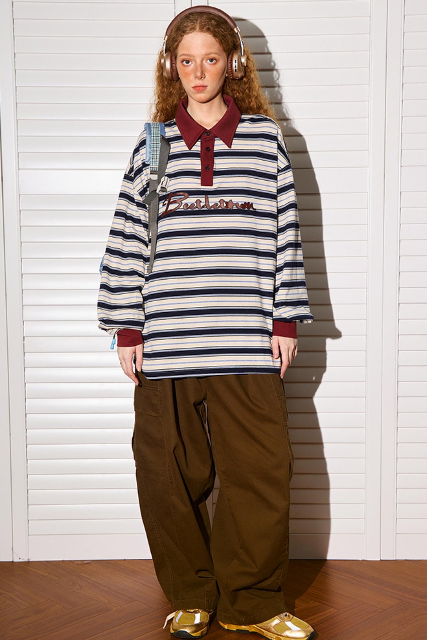 Loose Fit Striped Polo Neck Top