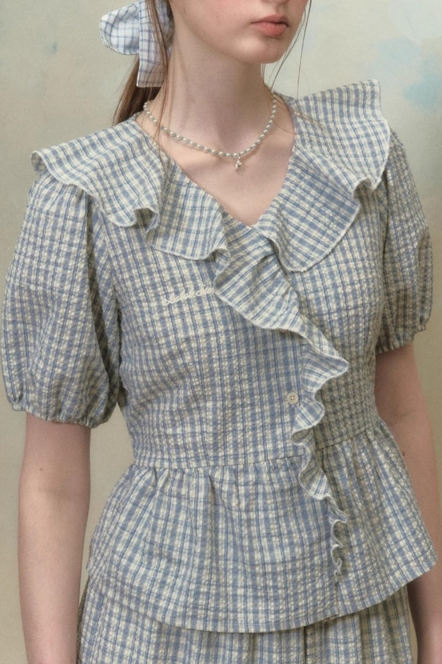 Plaid Ruffle Sleeve Blouse