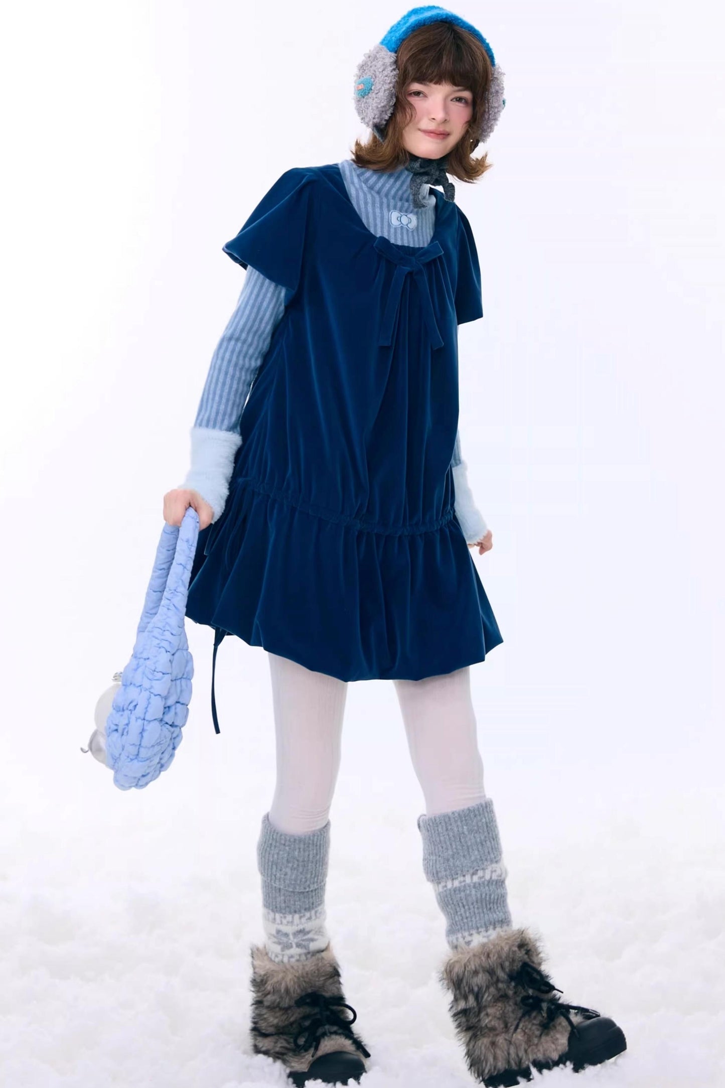 Deep Blue Velvet Bow Dress