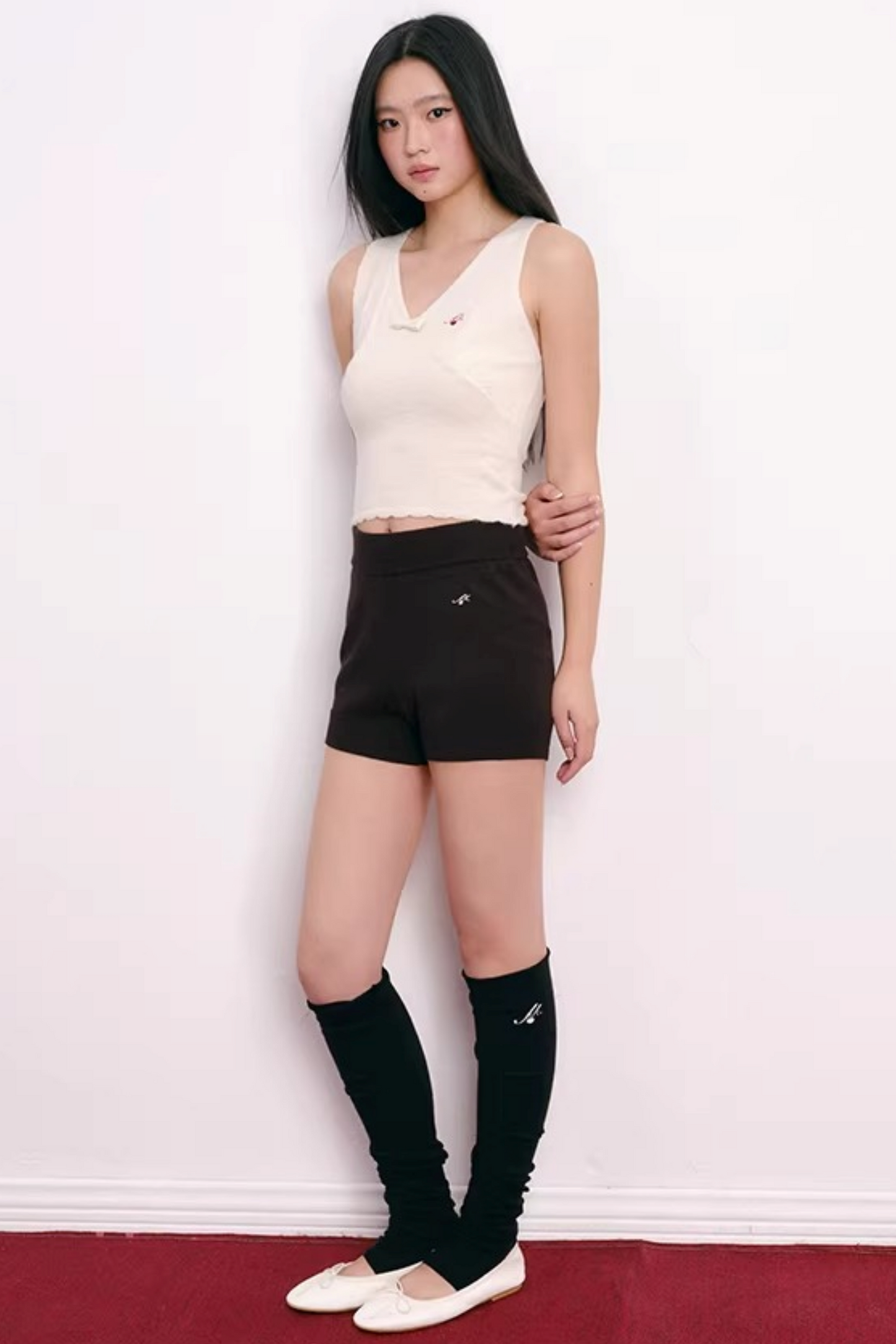 Cherry Embroidery Half-Zip Top Set