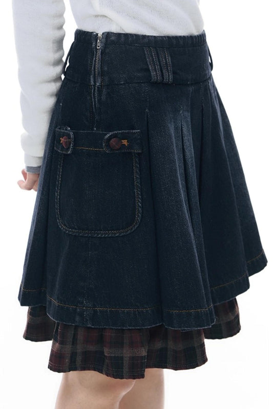 Patchwork Red Plaid Denim Skirt