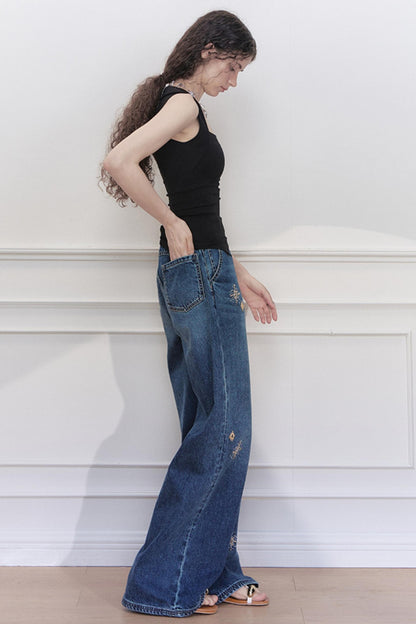 Blue Star Embroidered Wide-Leg Jeans