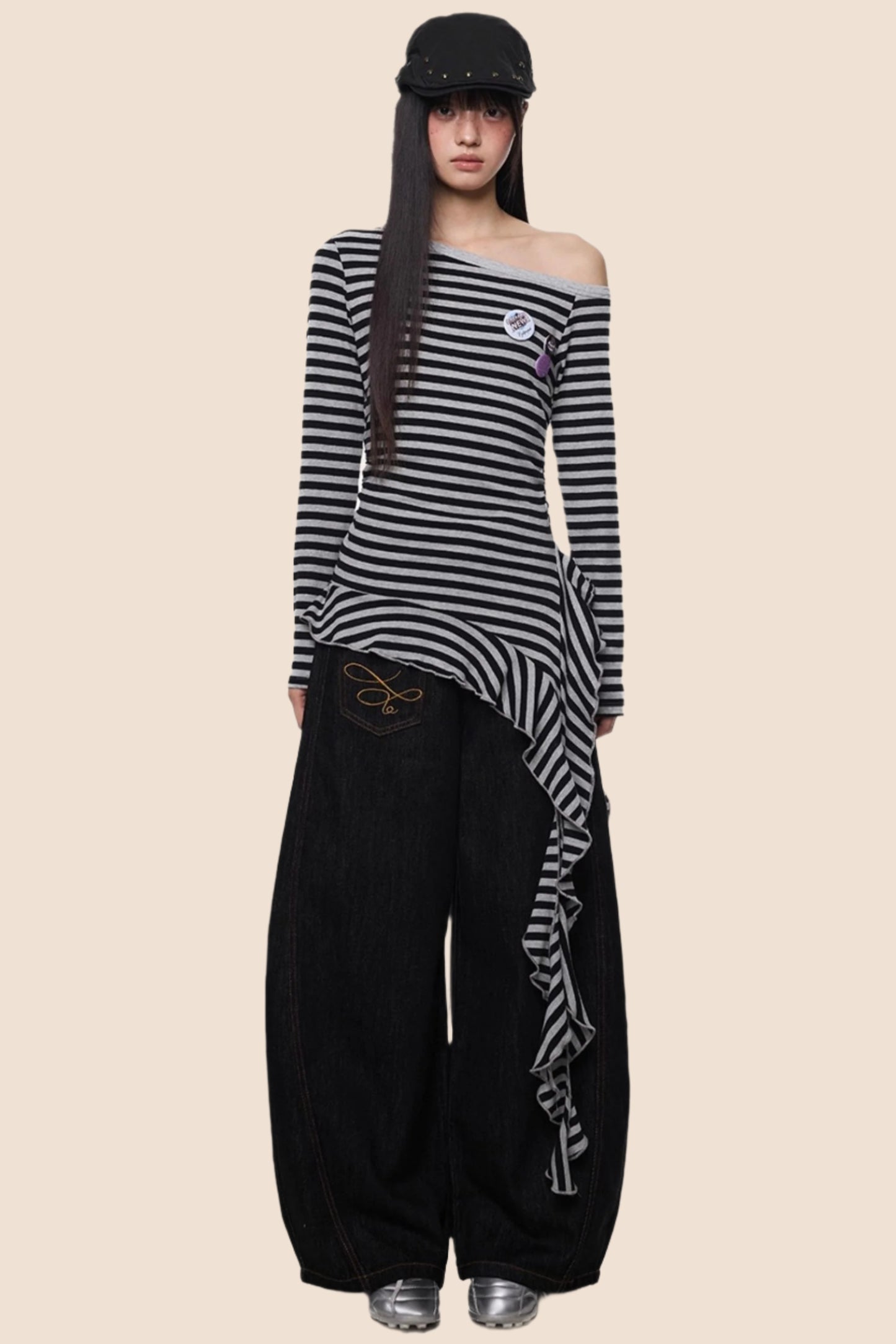 Tassel Detail Slanted Shoulder Top