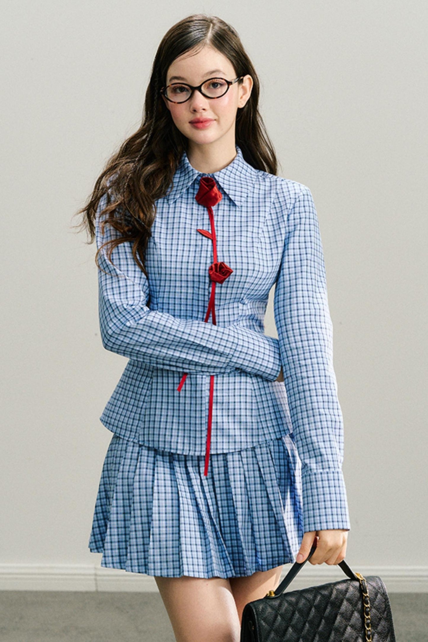 Long live the Milky Way [8.20 20:00] "She came from the sea" handmade red rose navy blue plaid shirt pleated skirt