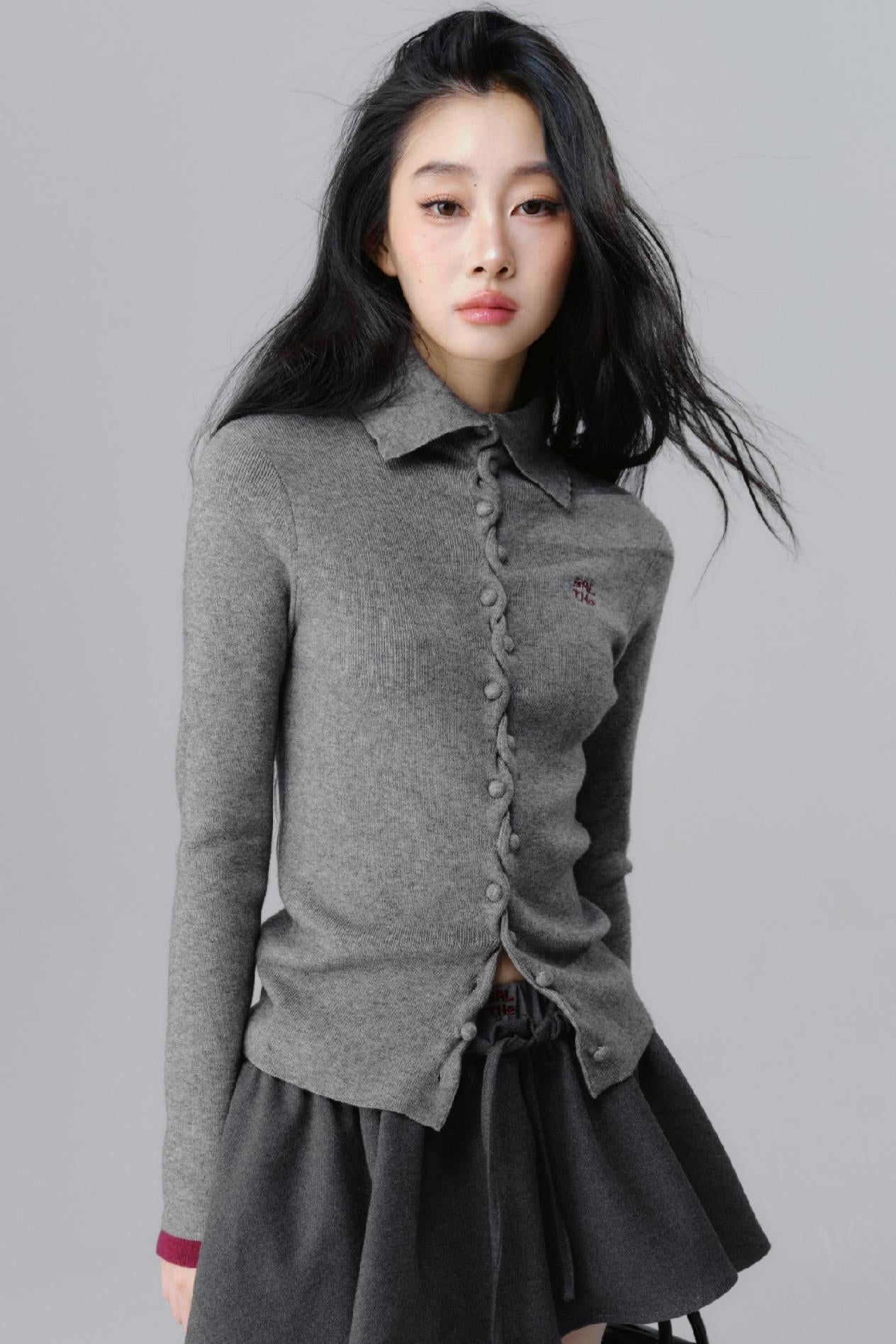 Gray Polo Neck Knitted Top