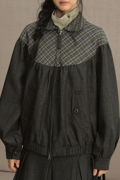 Retro Gray Plaid Cropped Jacket Set-Up