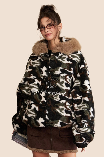 EZEK AMERICAN RETRO FUR COLLAR HOODED CAMOUFLAGE LAMB WOOL COAT WOMEN'S FLEECE THICKENED AUTUMN AND WINTER NEW COTTON CLOTHING TIDE