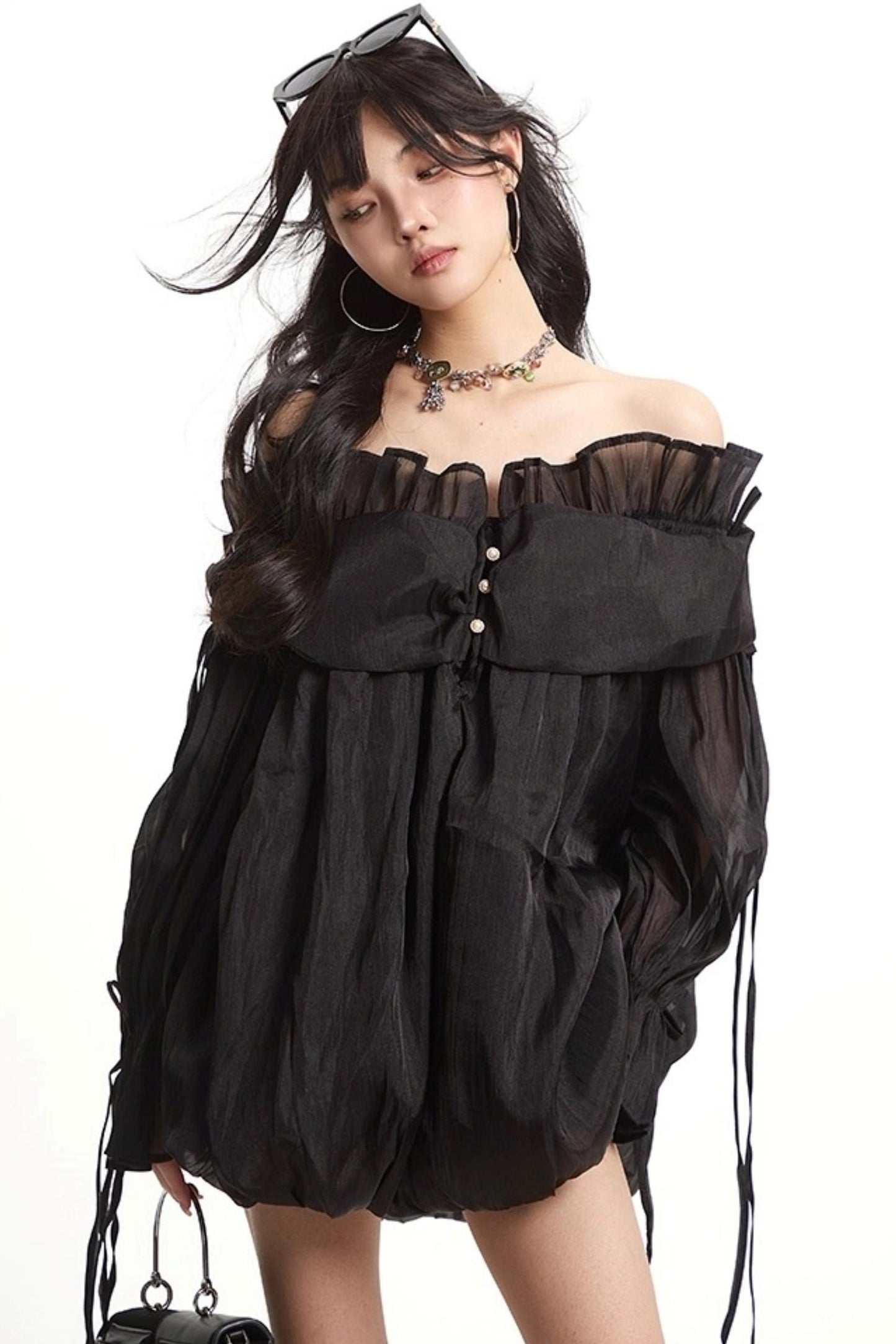 Mesh Ruffled Long Sleeve Dress