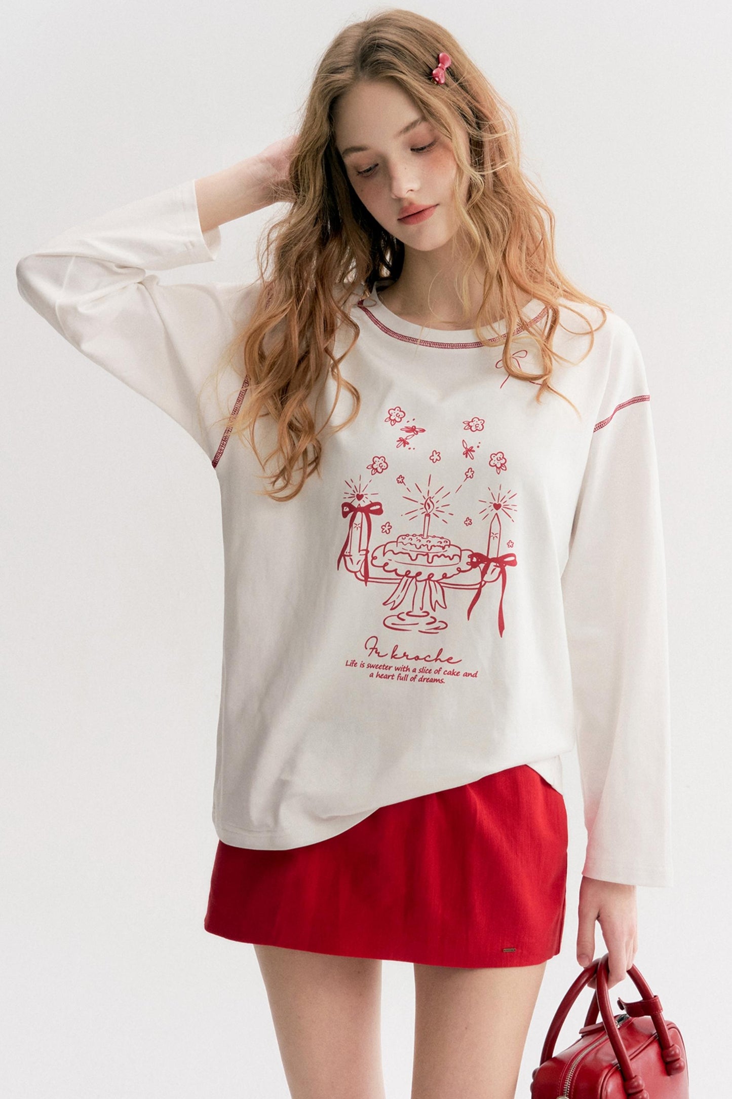 Lazy Cake Print Long-Sleeved T-Shirt