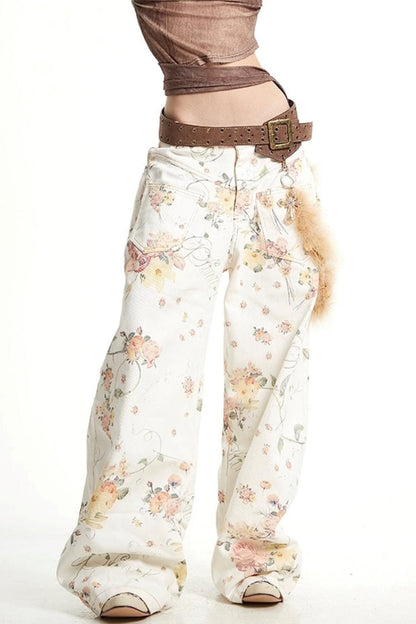 Vintage Floral Embroidery Wide-Leg Jeans