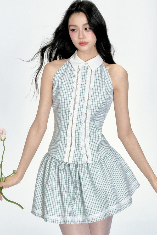 Breeze Plaid Poncho Skirt Set-Up