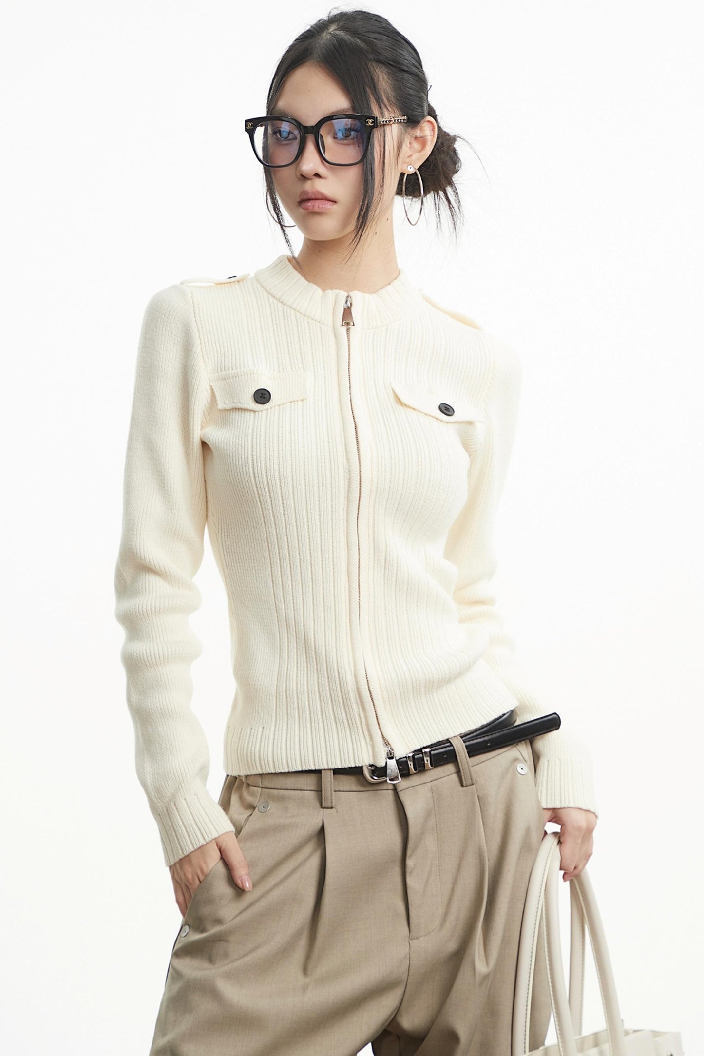 White Stand-Up Collar Knit Top