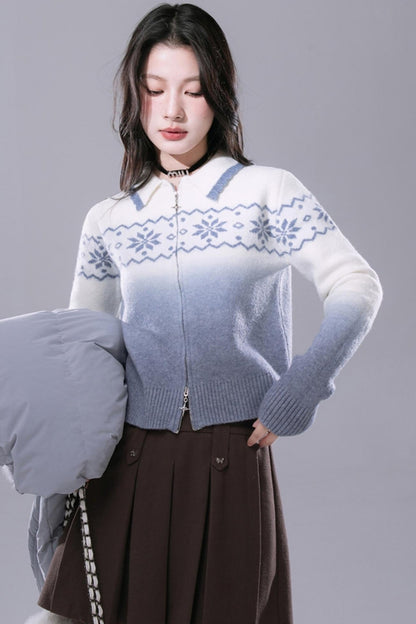 COTRE Romantic Fair Isle Blue Lagoon crushed ice, pollen gradient jacquard pattern hanging dye sweater